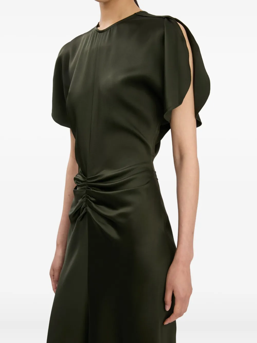 Victoria Beckham Gathered Waist Midi Dress Dark Olive In Green