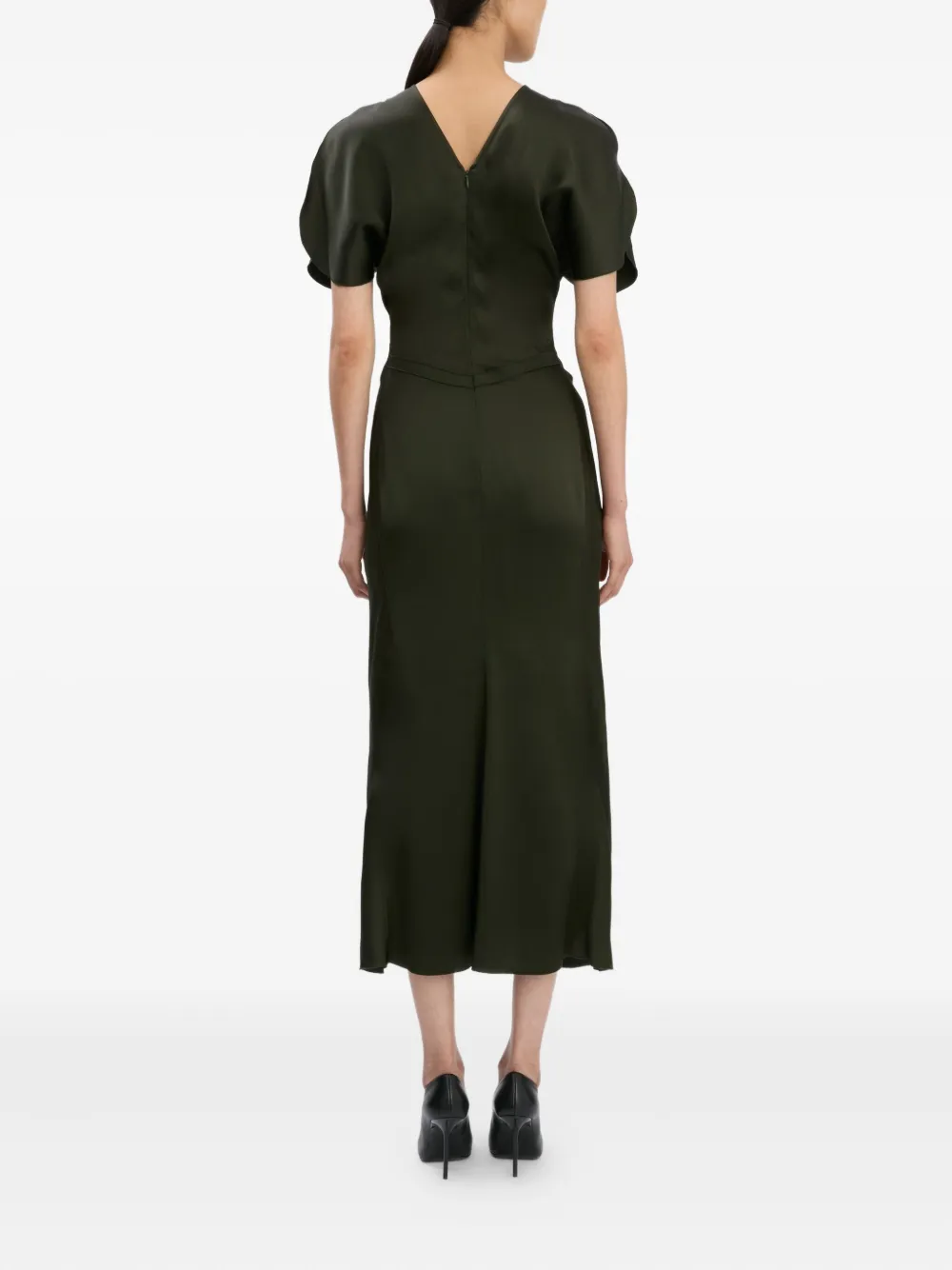 Victoria Beckham Gathered Waist Midi Dress Dark Olive In Green