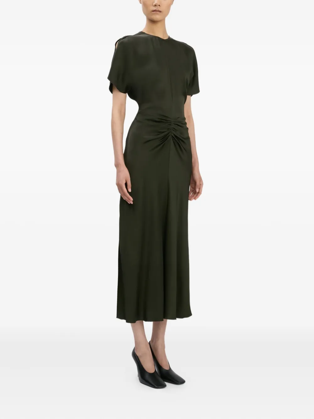 Victoria Beckham Gathered Waist Midi Dress Dark Olive In Green