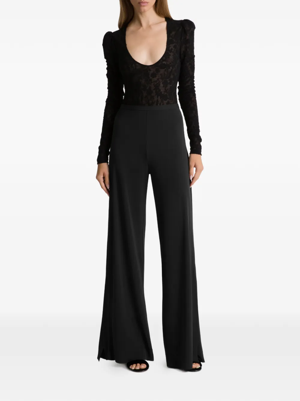 Alberta Ferretti Floral-lace Long-sleeve Bodysuit In Black