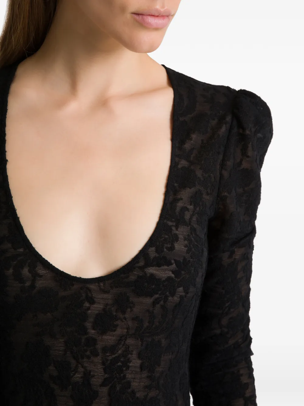 Alberta Ferretti Floral-lace Long-sleeve Bodysuit In Black