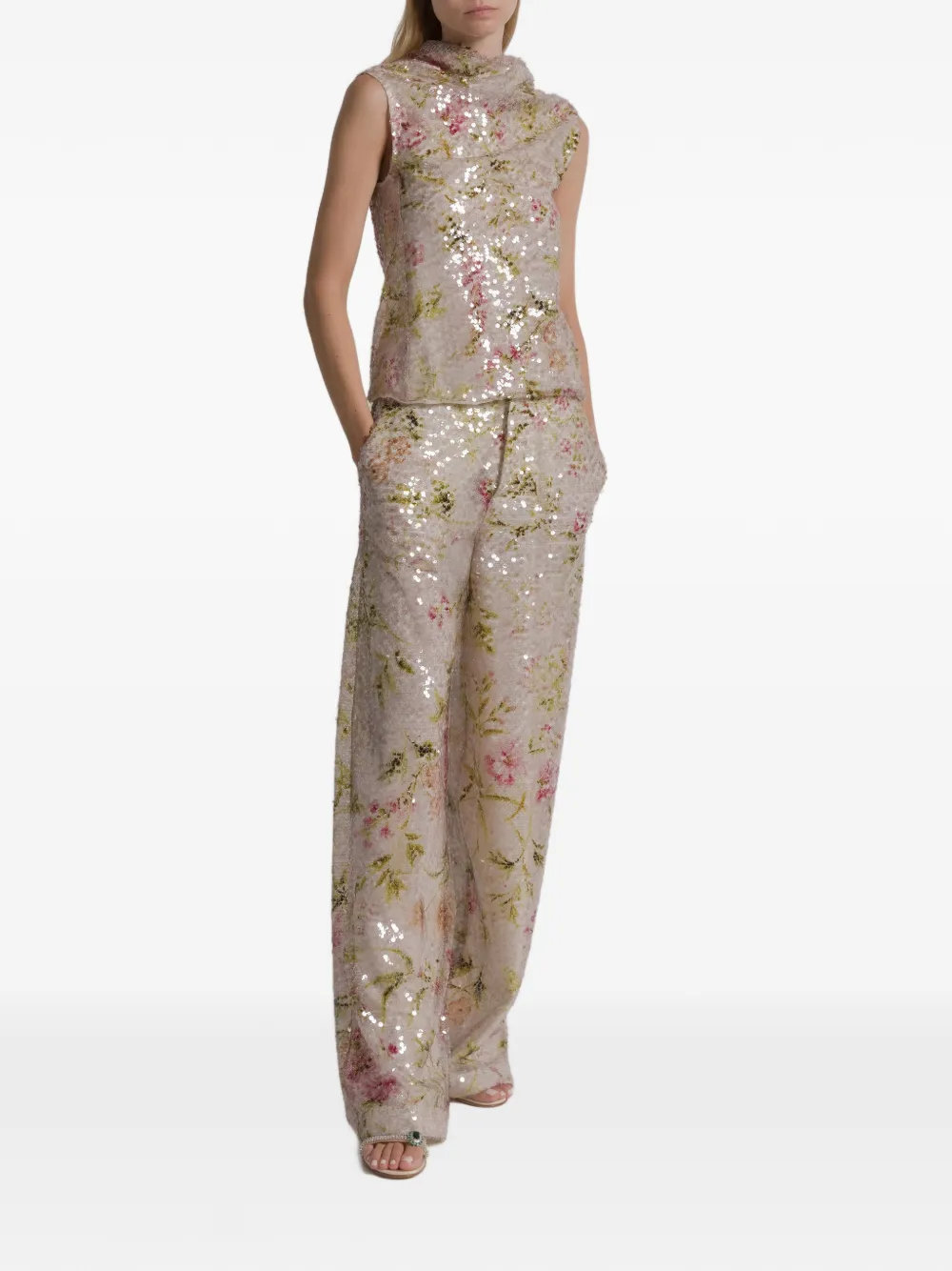 Alberta Ferretti Broek met pailletten en bloemen - Beige