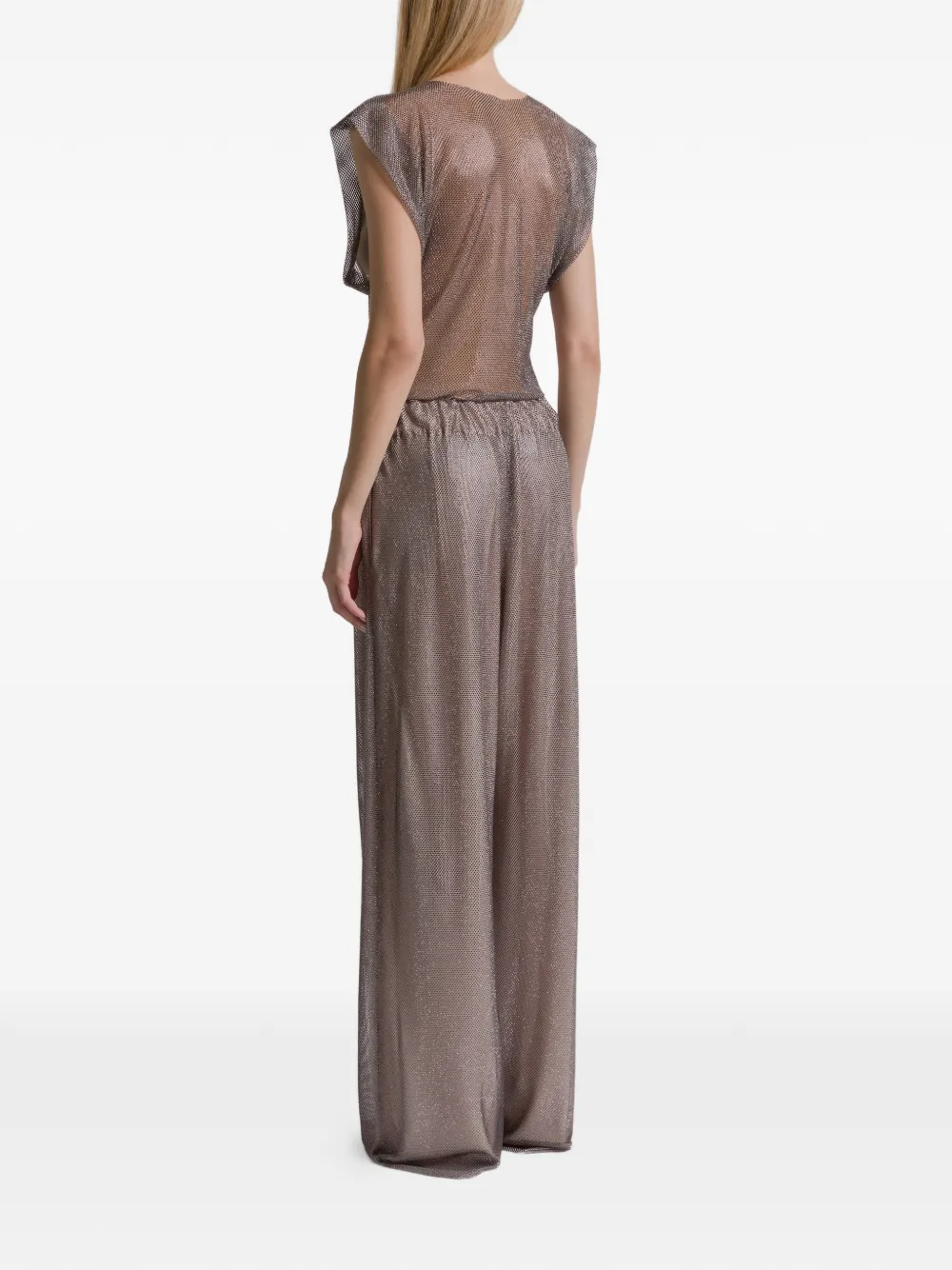 Alberta Ferretti Crystal Mesh Round Neck Cap Sleeve Top In Gray