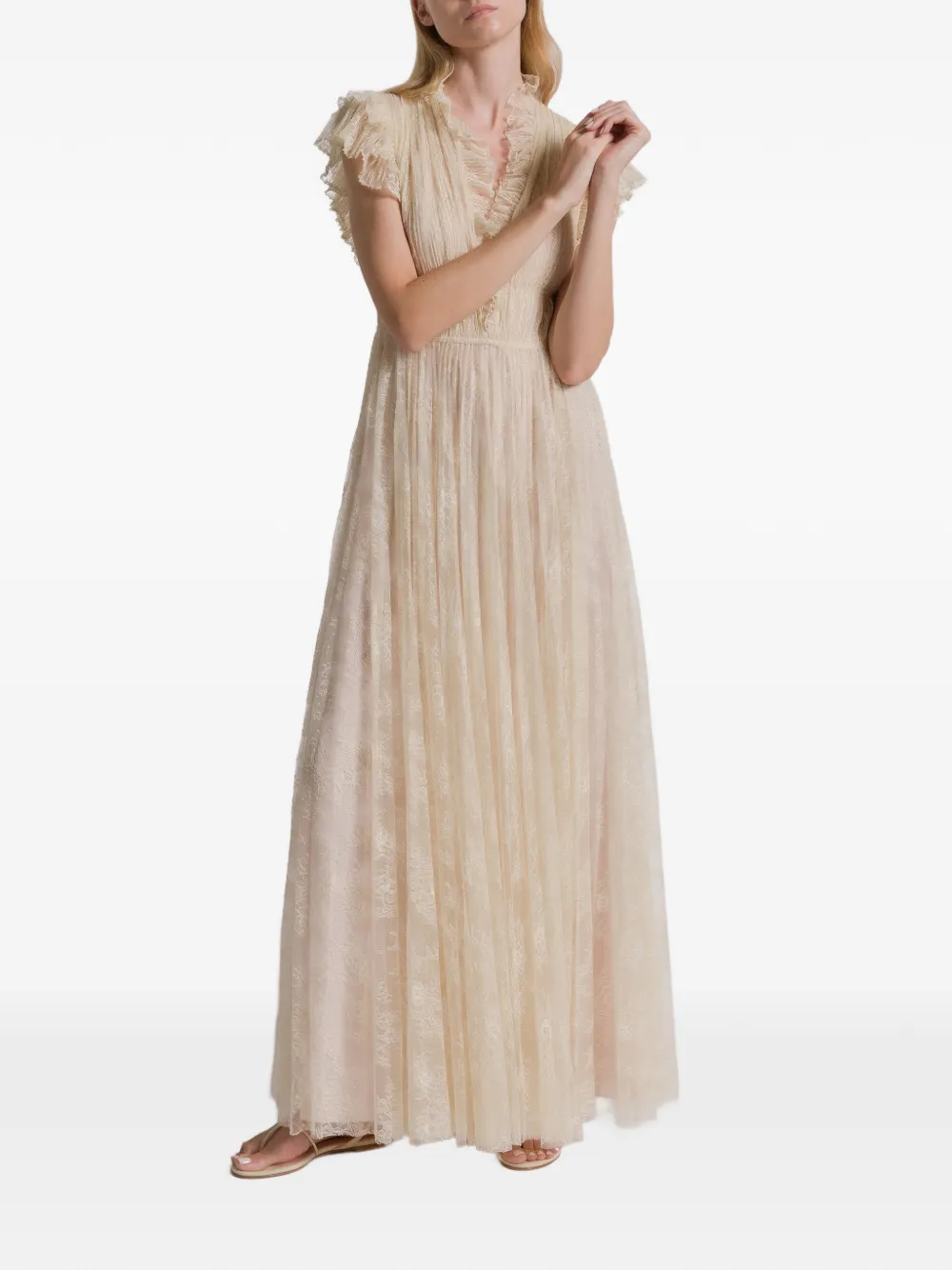 Alberta Ferretti Maxi-jurk met ruches en kant Beige