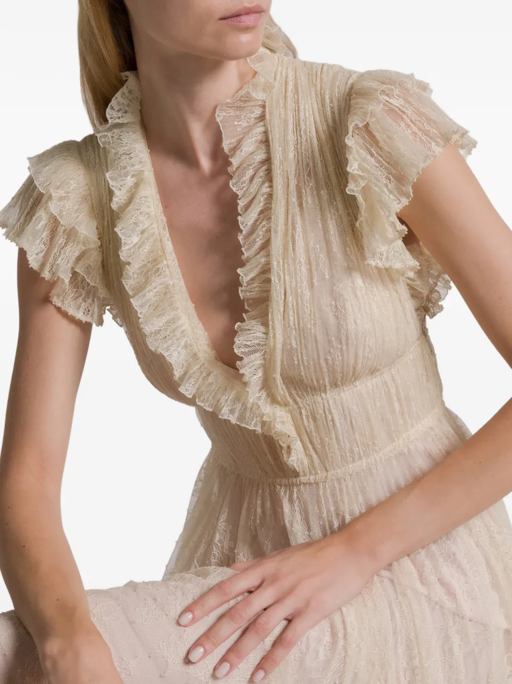 Alberta Ferretti Maxi-jurk met ruches en kant Beige
