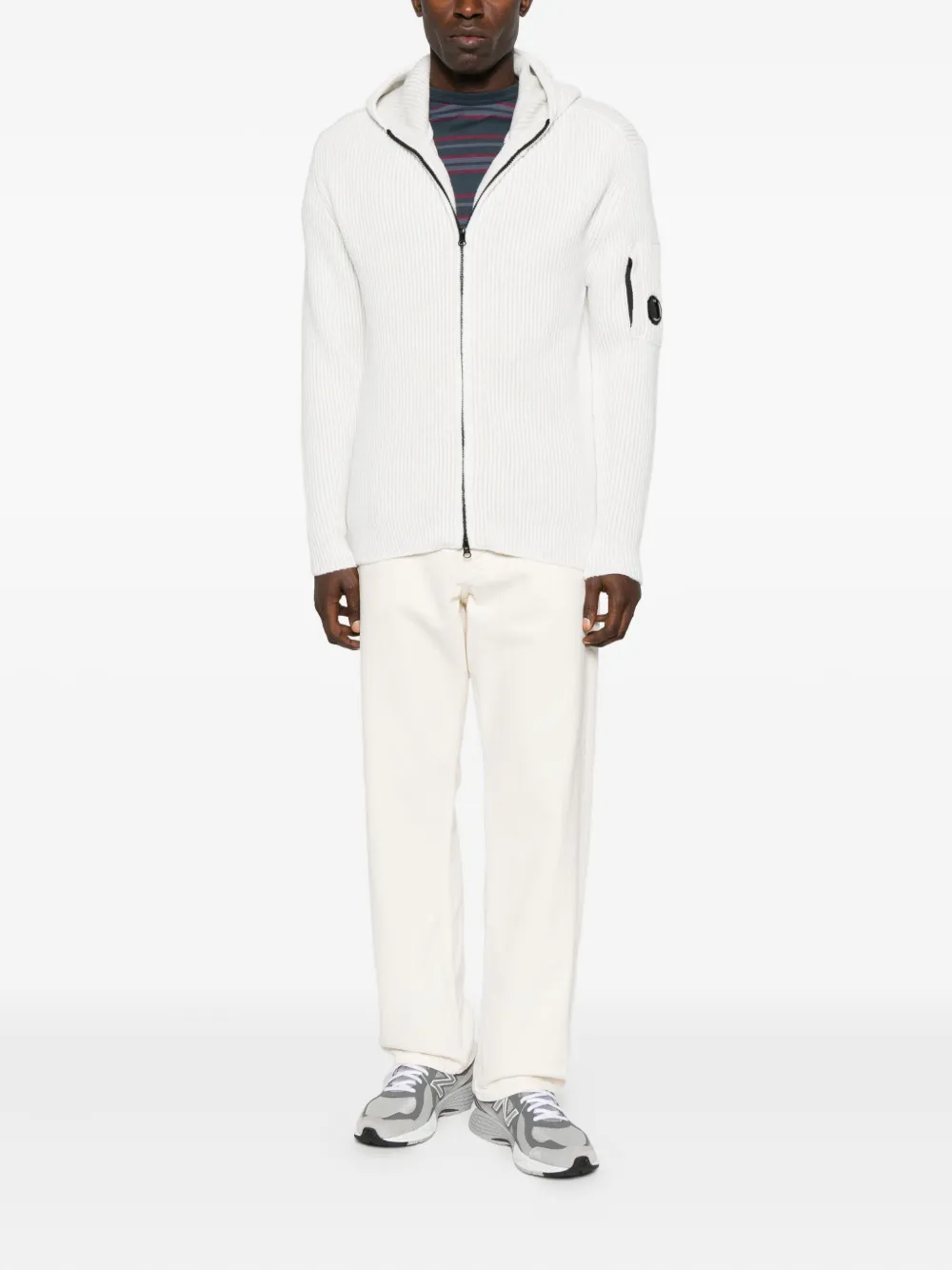 C.p. Company Hooded Knit Cardigan Ribbed Texture In White