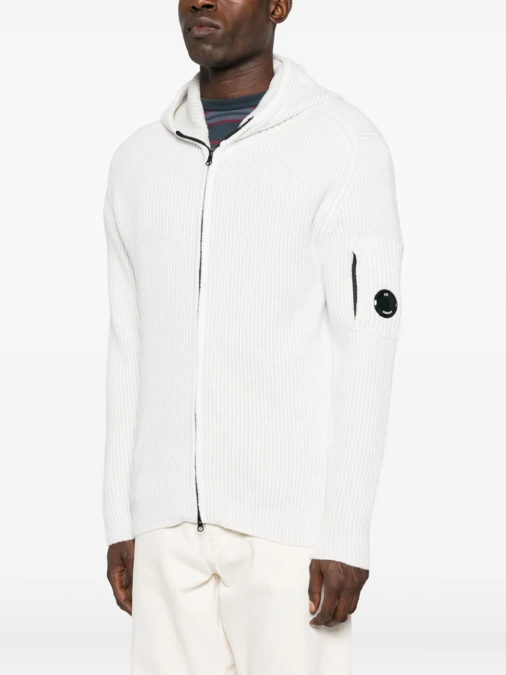 C.p. Company Hooded Knit Cardigan Ribbed Texture In White