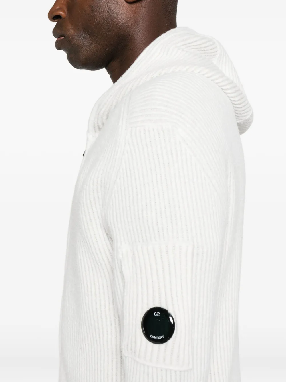 C.p. Company Hooded Knit Cardigan Ribbed Texture In White