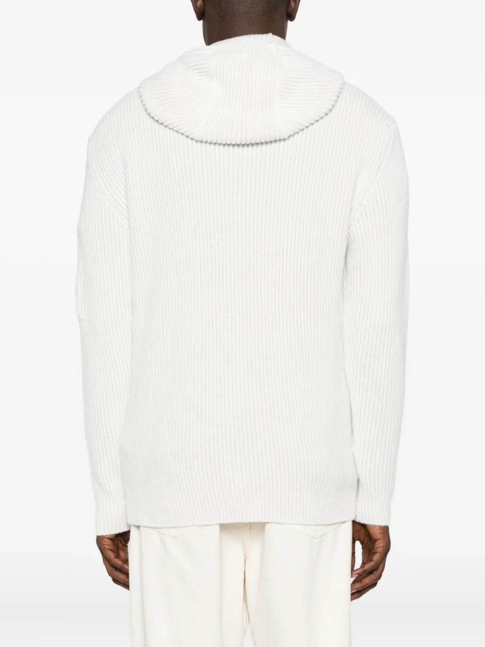 C.p. Company Hooded Knit Cardigan Ribbed Texture In White
