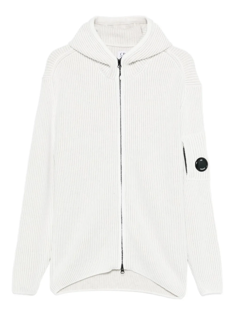 C.p. Company Hooded Knit Cardigan Ribbed Texture In White