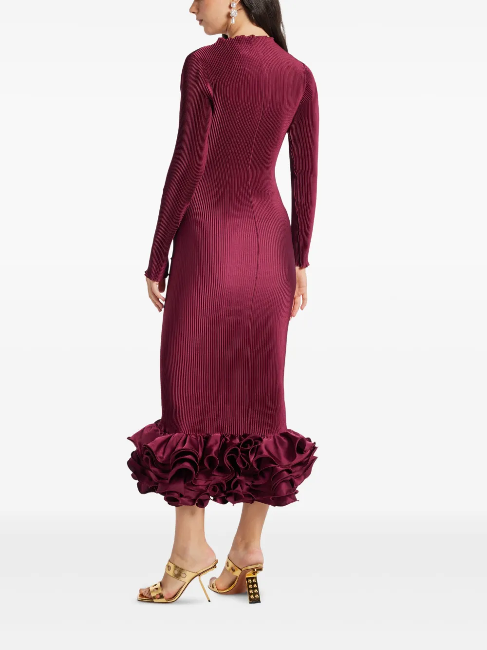 L'IDÉE Campbell geribbelde midi-jurk met ruches Rood