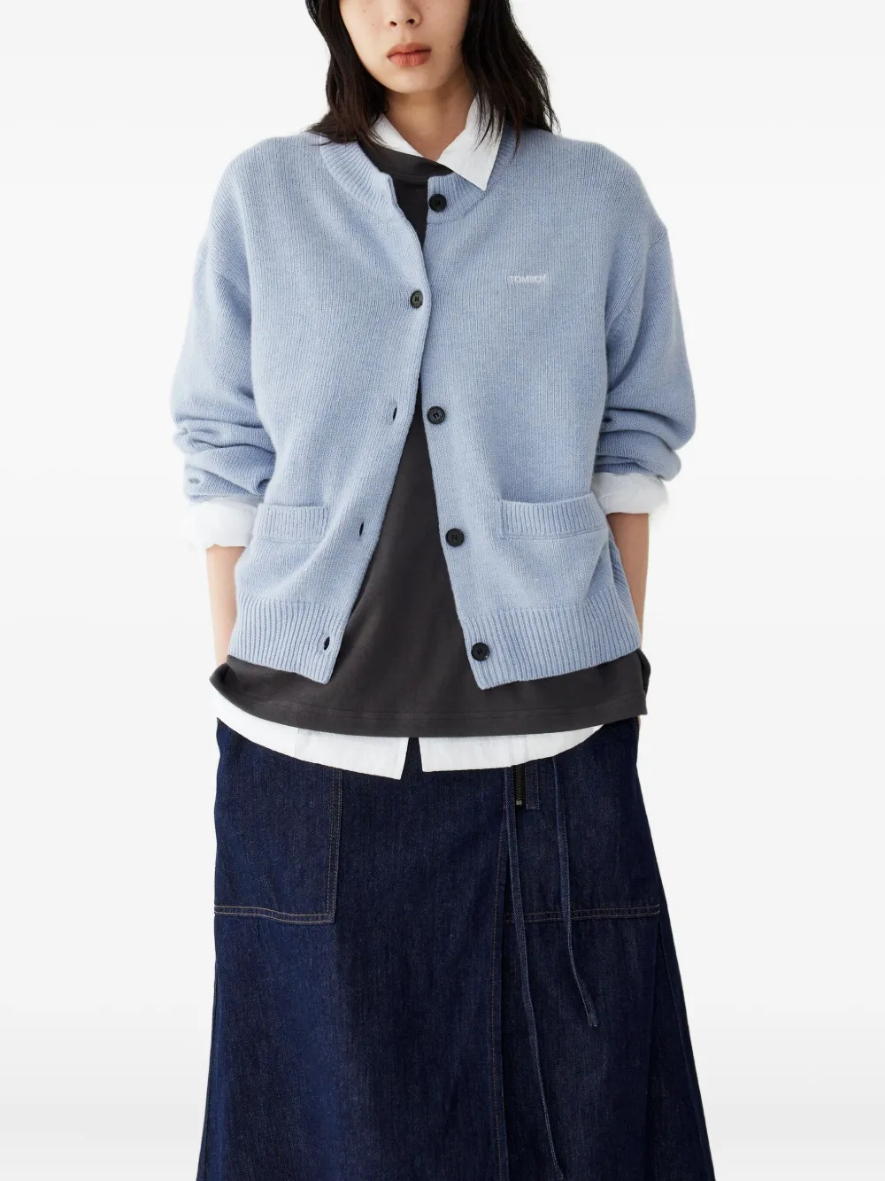 Studio Tomboy Logo-embroidered Utton-front Cardigan In Blue