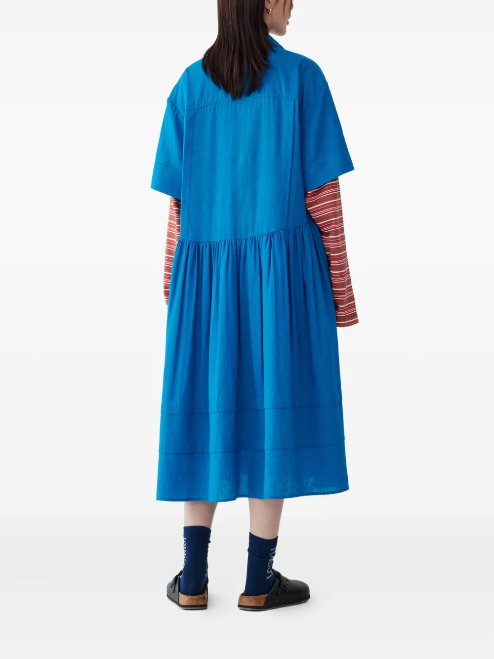 Studio Tomboy Pleated Collared Shirt Mini Dress In Blue