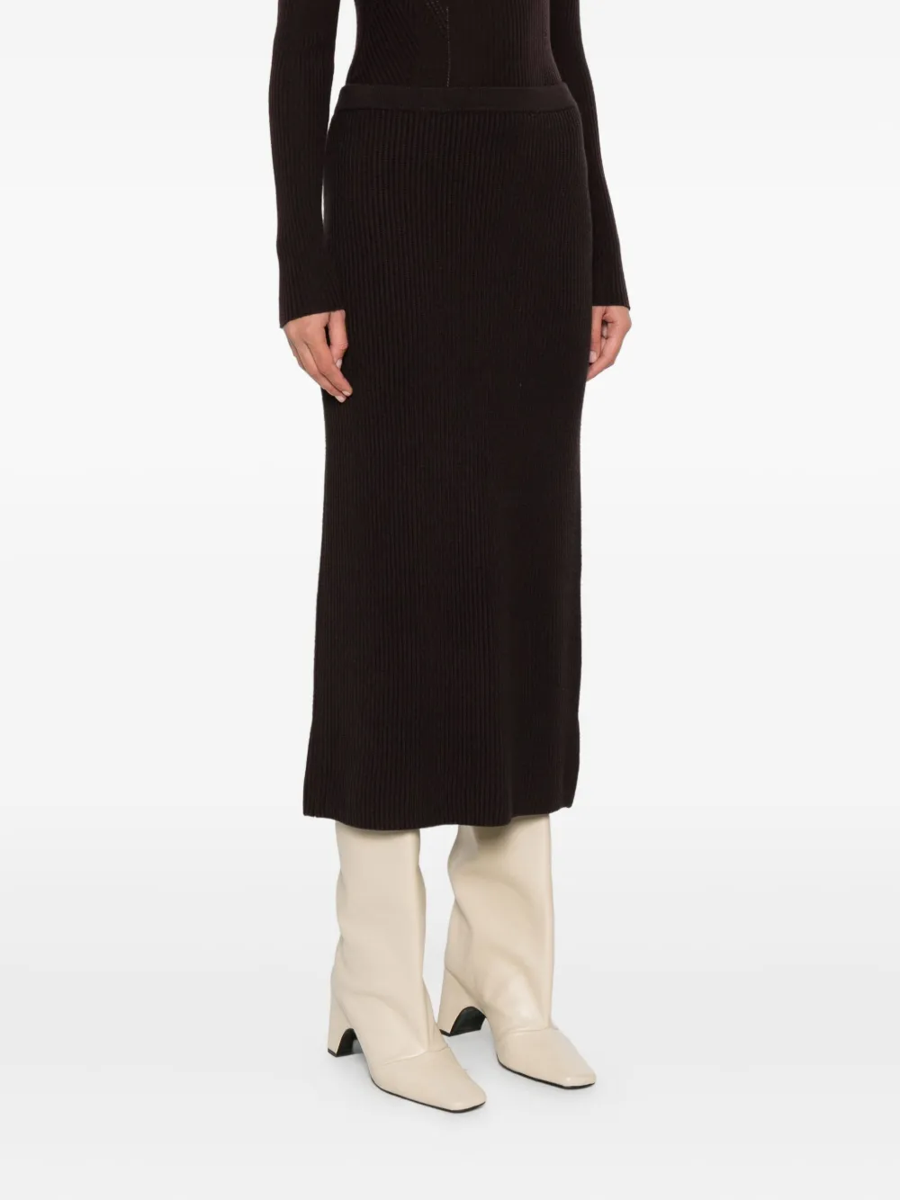 Twinset Ribbed Knit Midi Skirt With Subtle Back Slit In Brown