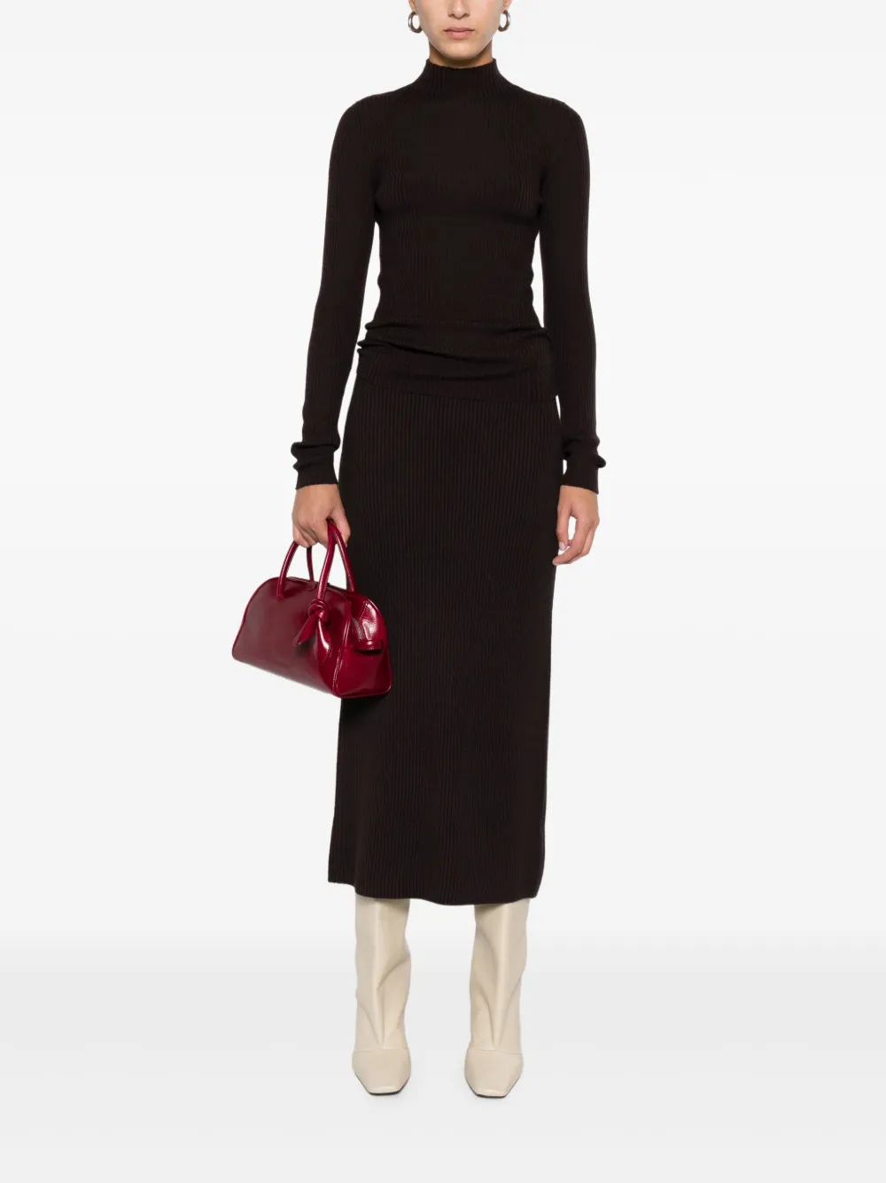 Twinset Ribbed Knit Midi Skirt With Subtle Back Slit In Brown