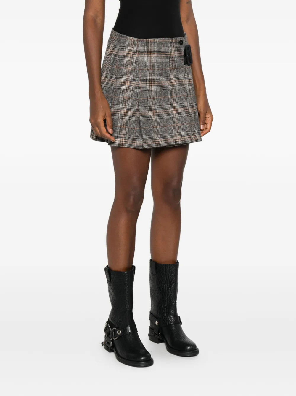 Pinko Beige Plaid Pleated Mini Skirt In Gray