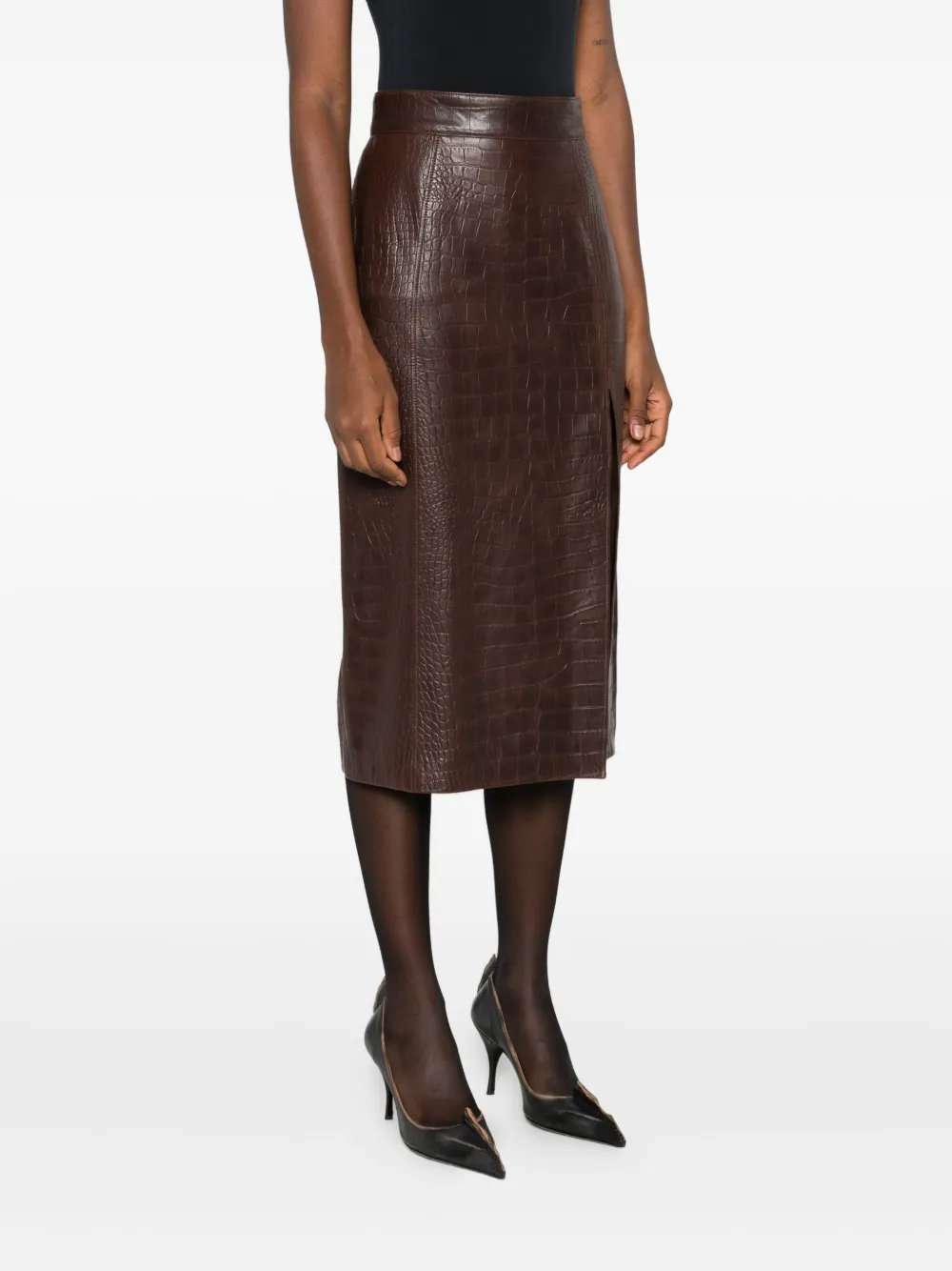 Amiri Crocodile-effect Leather Midi Skirt In Brown