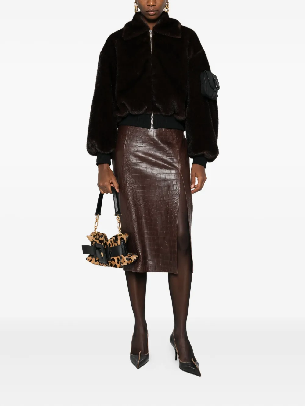 Amiri Crocodile-effect Leather Midi Skirt In Brown