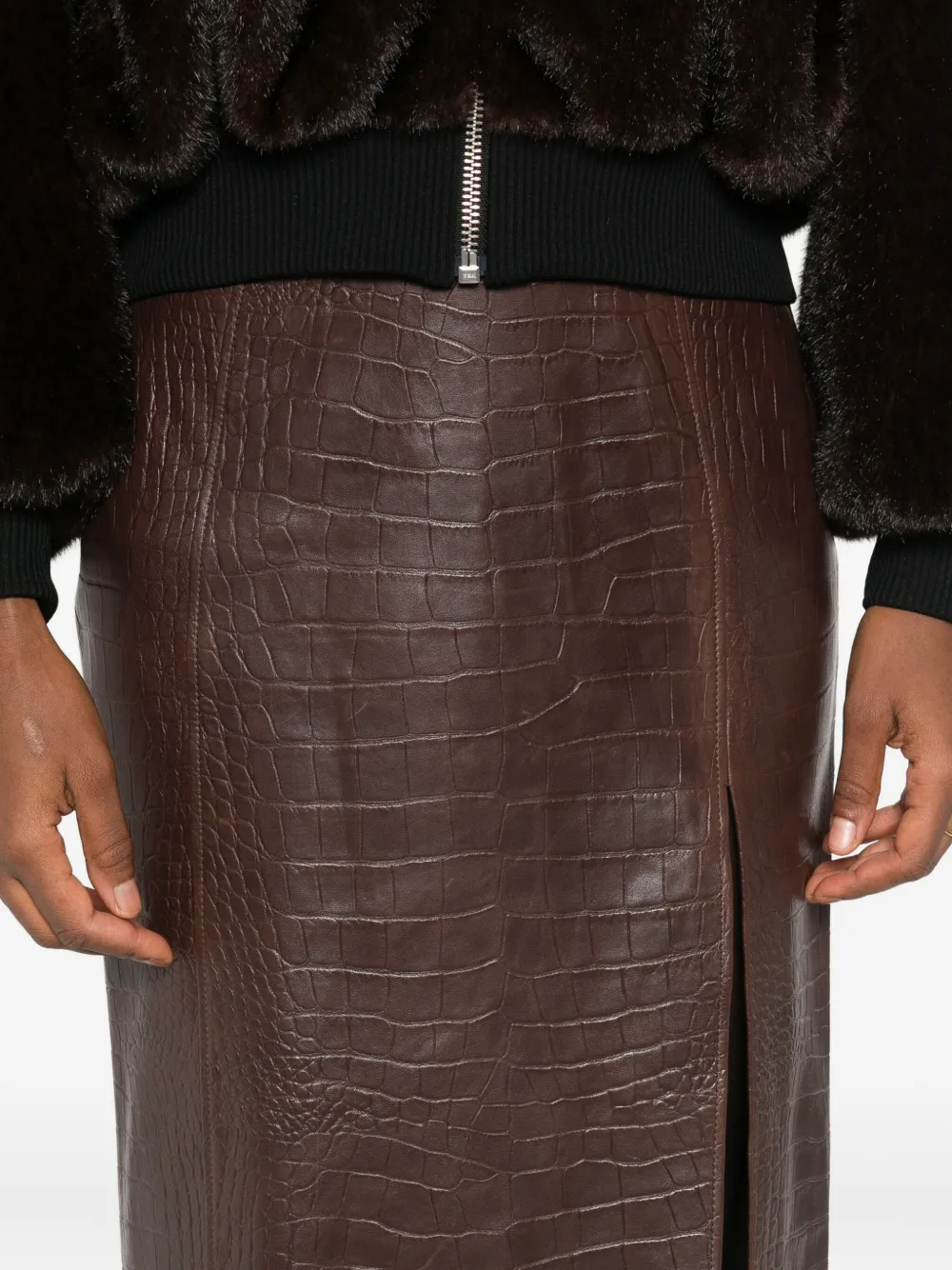 Amiri Crocodile-effect Leather Midi Skirt In Brown