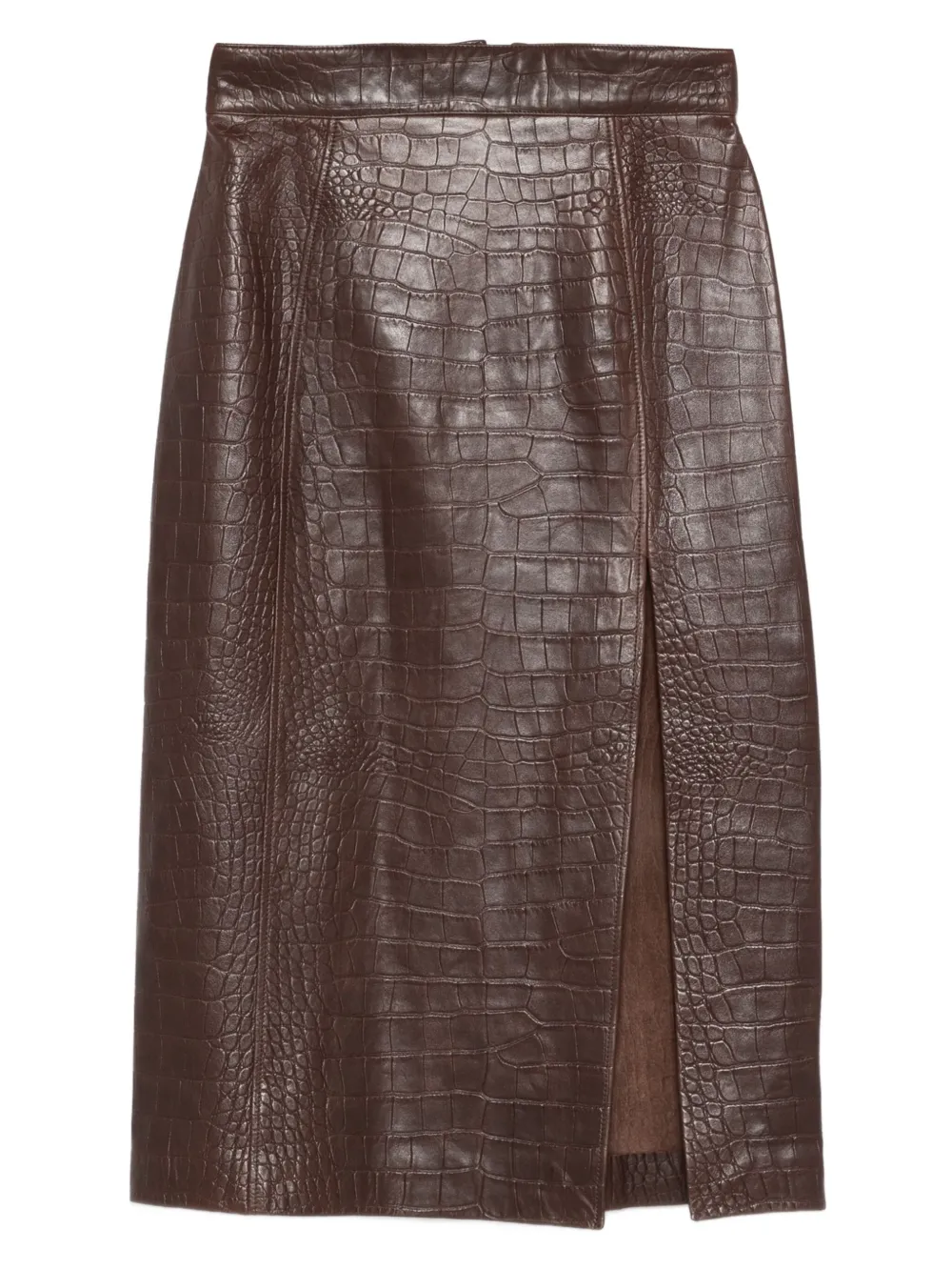 Amiri Crocodile-effect Leather Midi Skirt In Brown