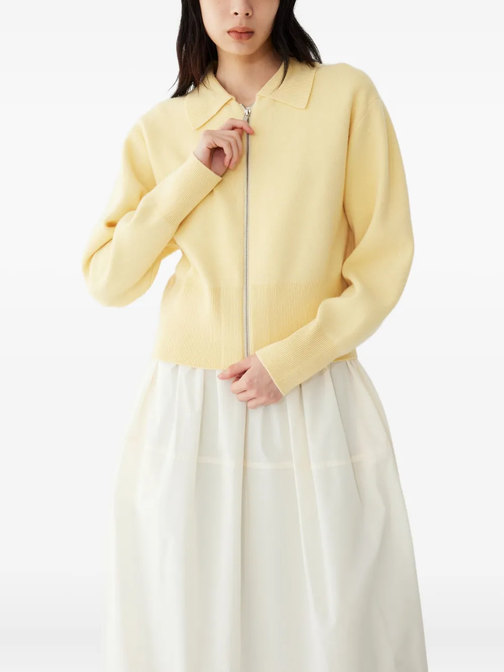 Studio Tomboy Zip-front Polo-collar Cardigan In Yellow