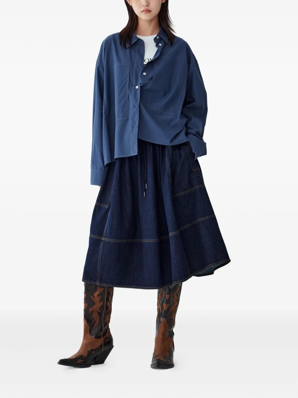 STUDIO TOMBOY Denim midi-rok met trekkoord - Blauw