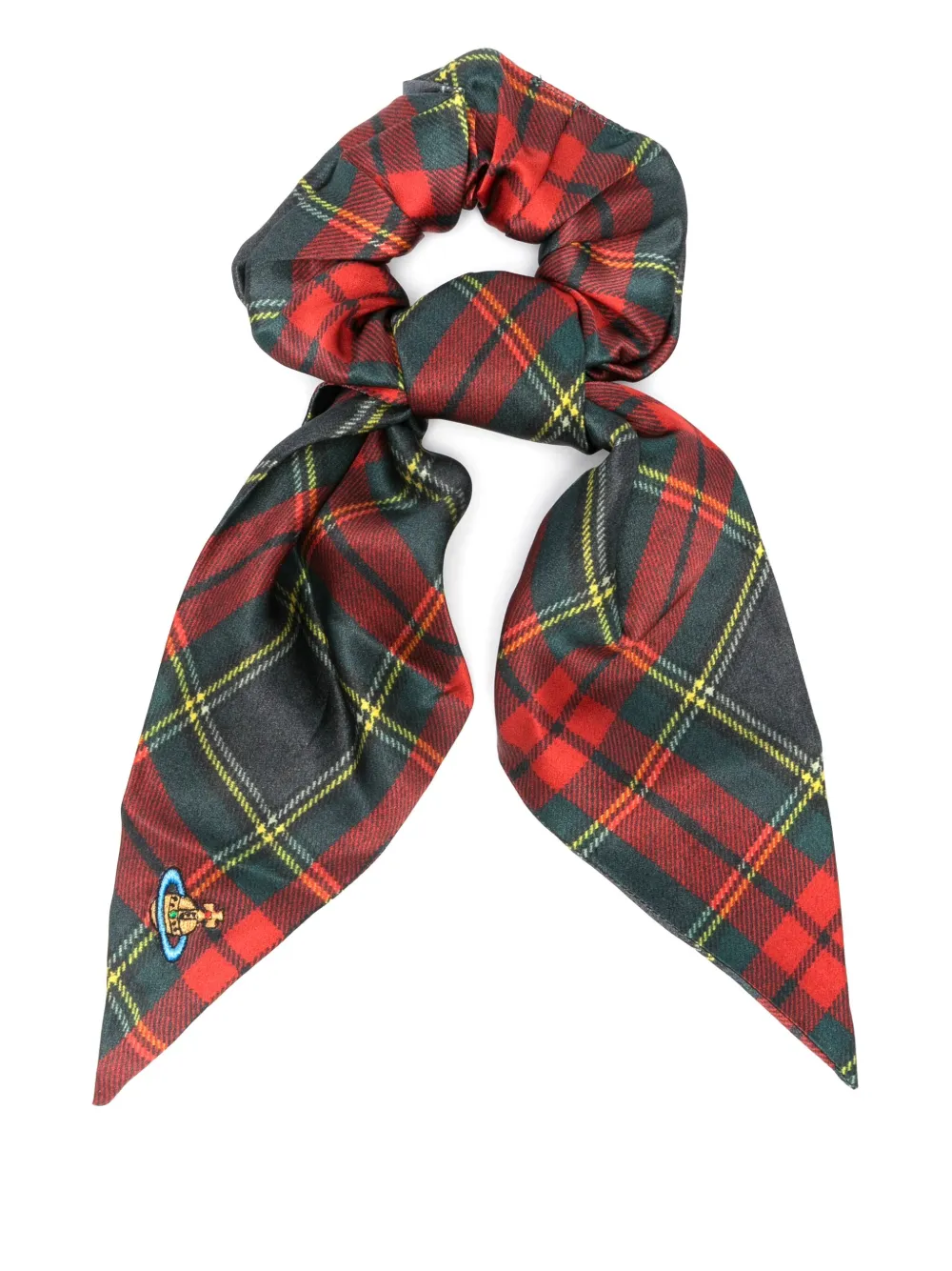 Vivienne Westwood Logo-embroidered Tartan Silk Scrunchie In Green