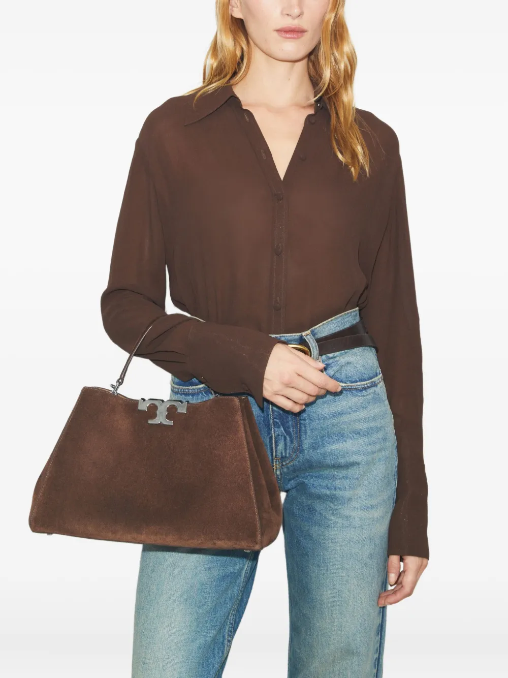 Tory Burch Double-t Logo Suede Satchel In Brown