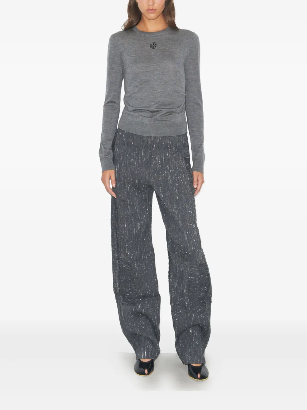 Tory Burch Logo-embroidered Wool Sweater In Gray