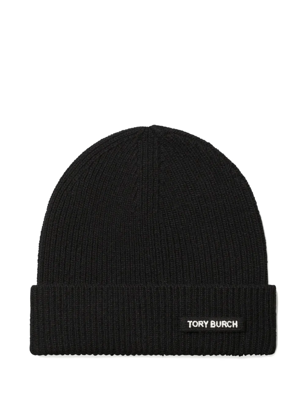 Tory Burch Ribbed Logo-detail Beanie Hat In Black