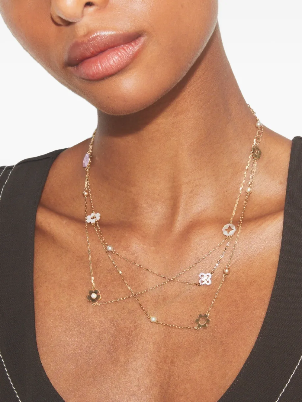 Tory Burch triple-strand flower-charm necklace - Goud