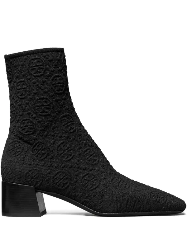 Tory Burch 45mm Monogram Knit Ankle Boots in Black