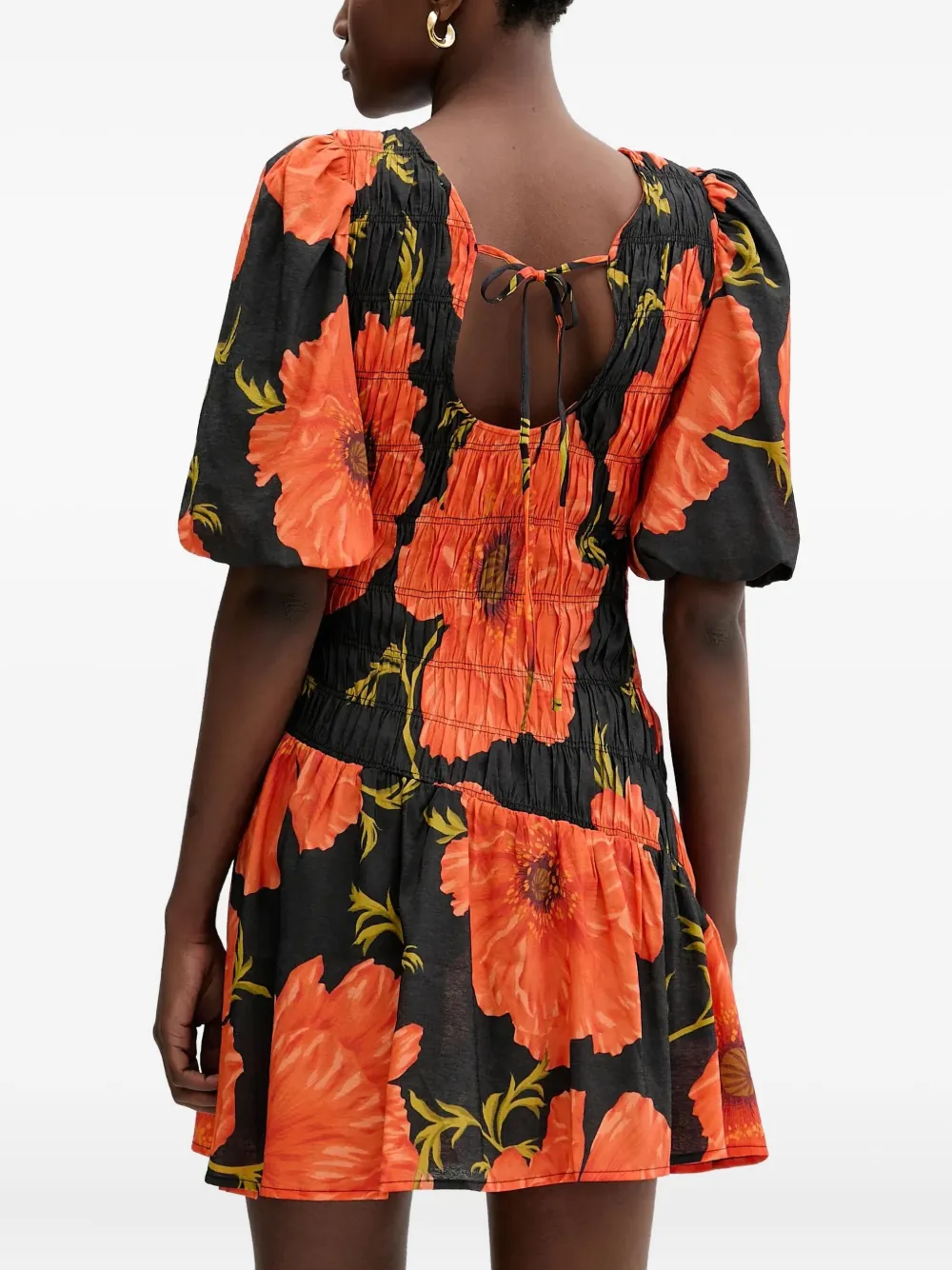 抽褶花卉中长连衣裙