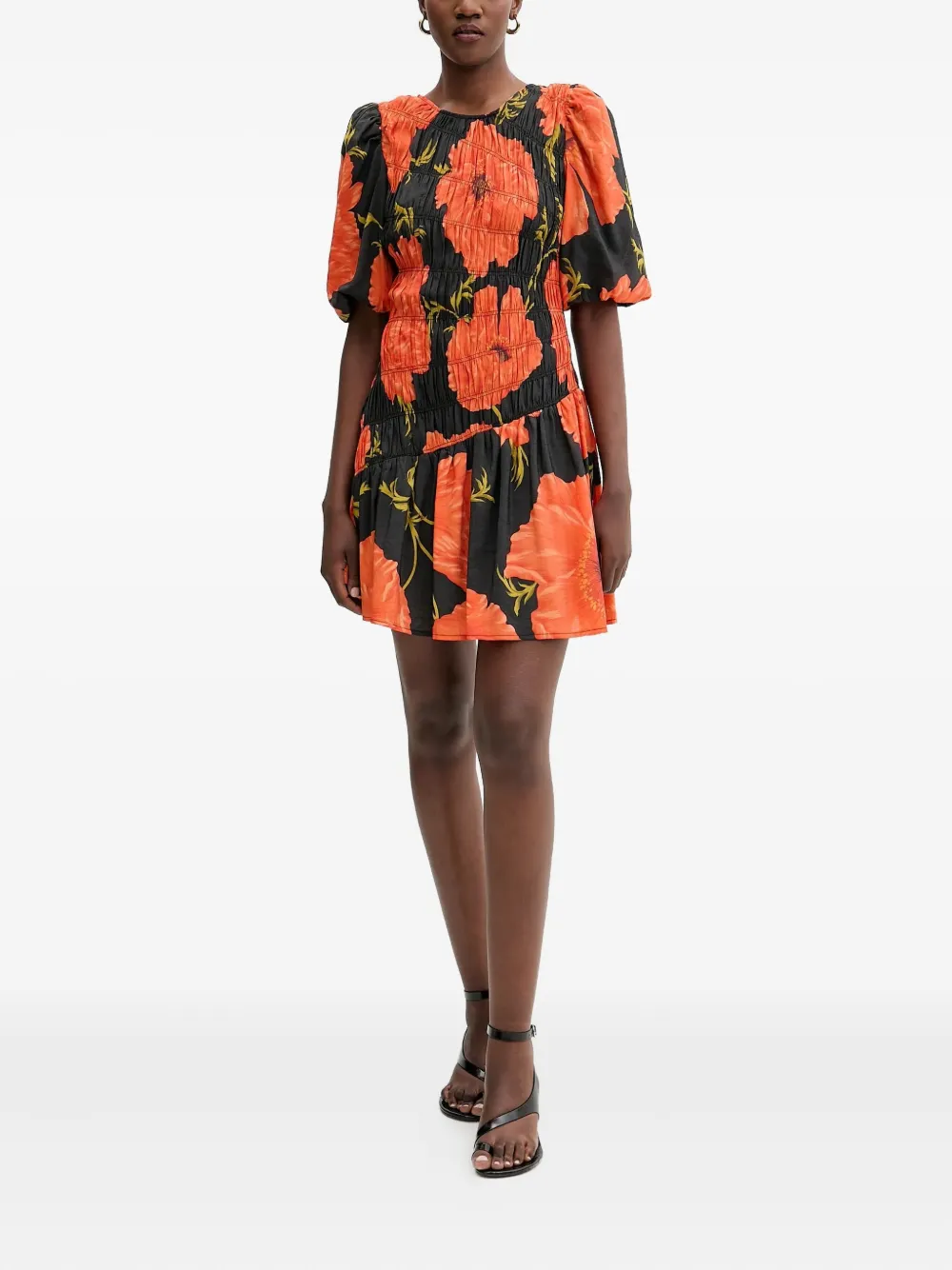 NEVER FULLY DRESSED shirred floral midi dress - Zwart
