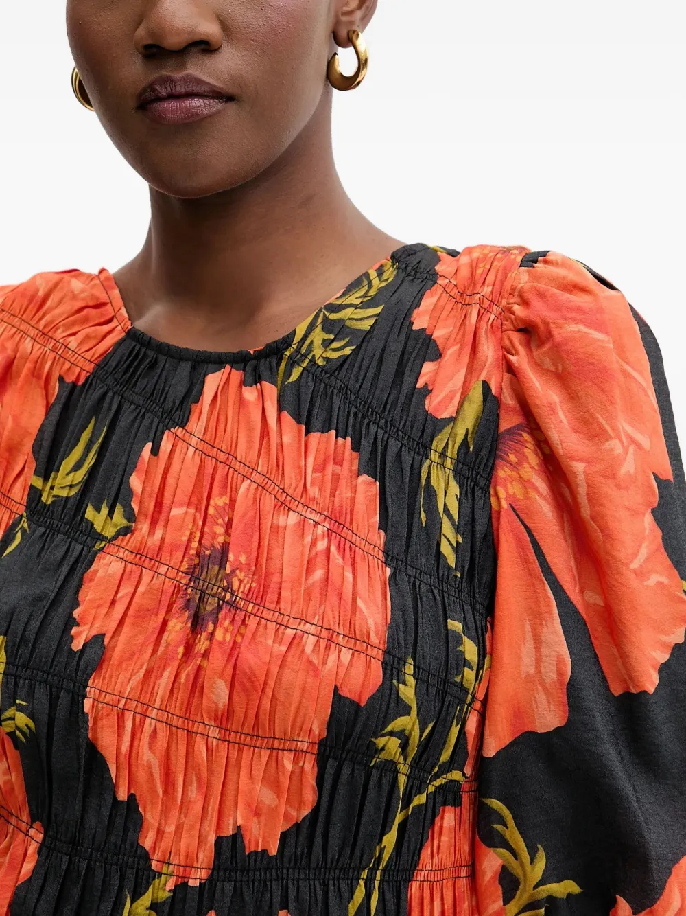 抽褶花卉中长连衣裙