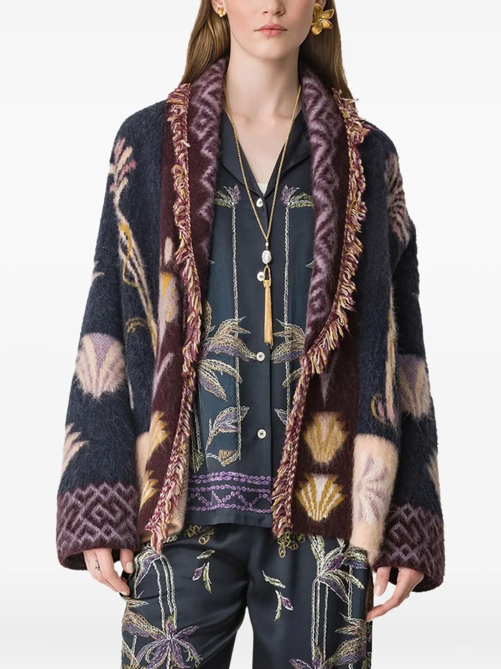 Forte Forte Fringed Patterned Cardigan In Blue