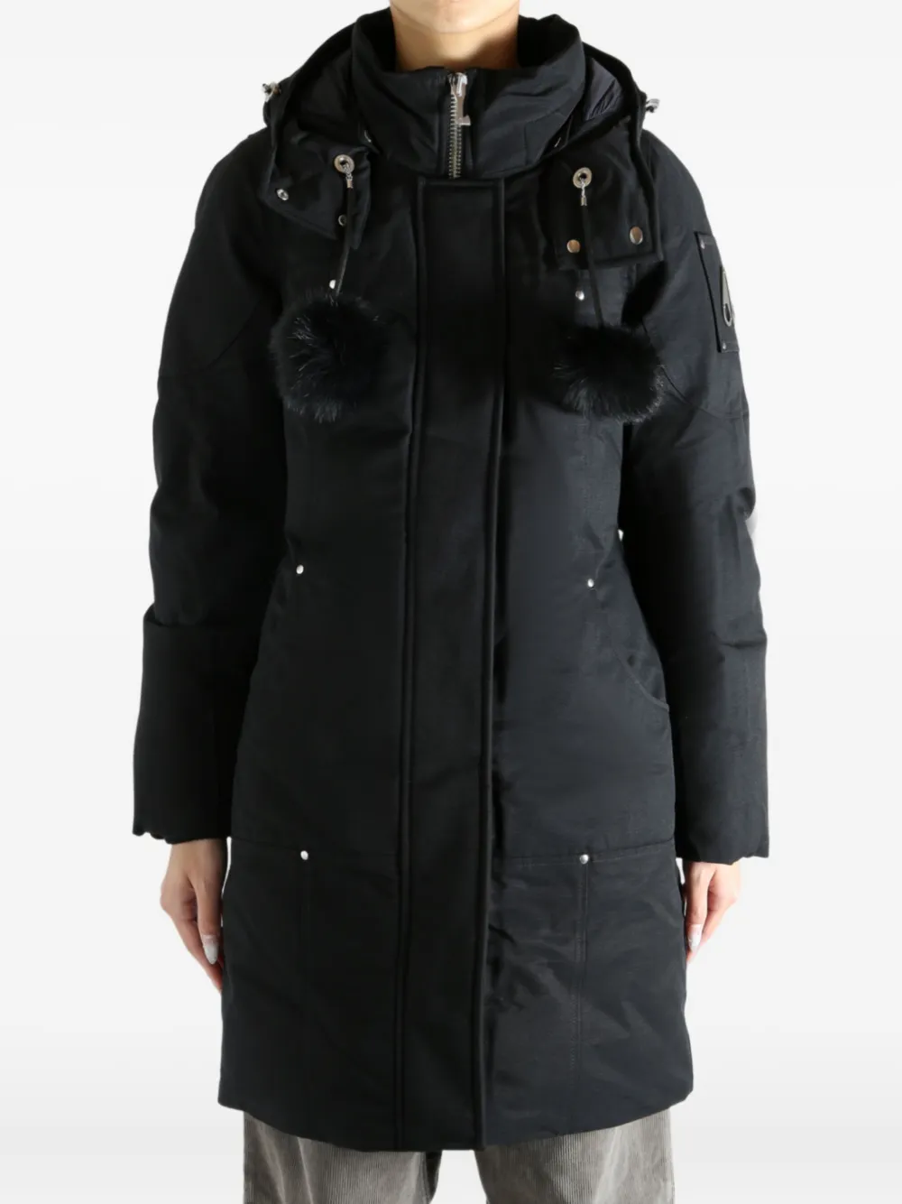 Moose Knuckles Fur Pompom Hooded Coat In Black