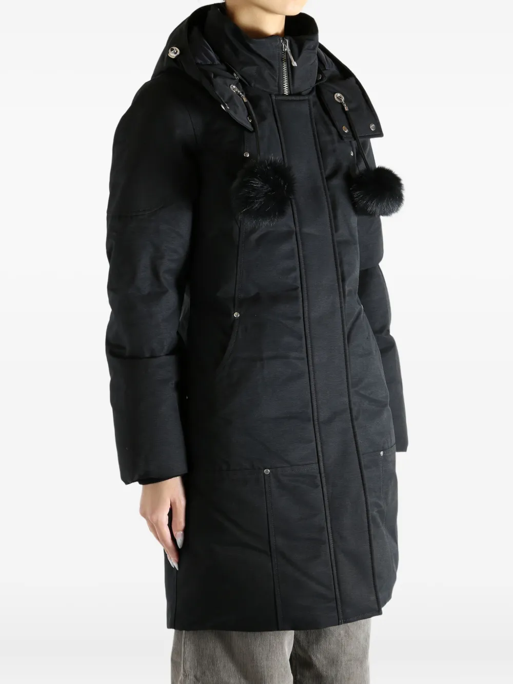 Moose Knuckles Fur Pompom Hooded Coat In Black