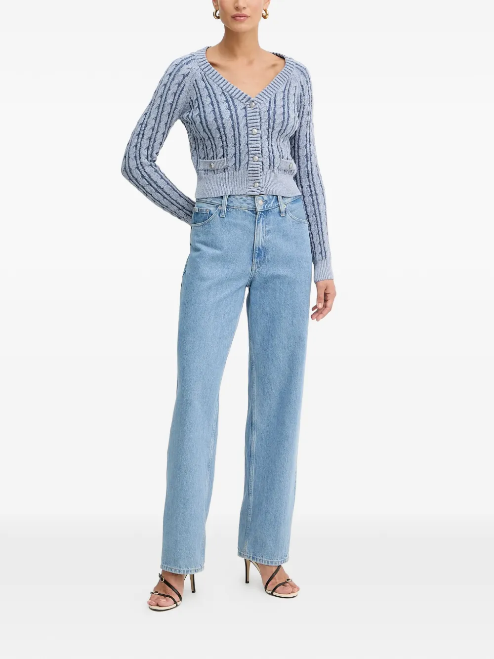 Guess Usa Button-up Cable-knit Cardigan In Blue