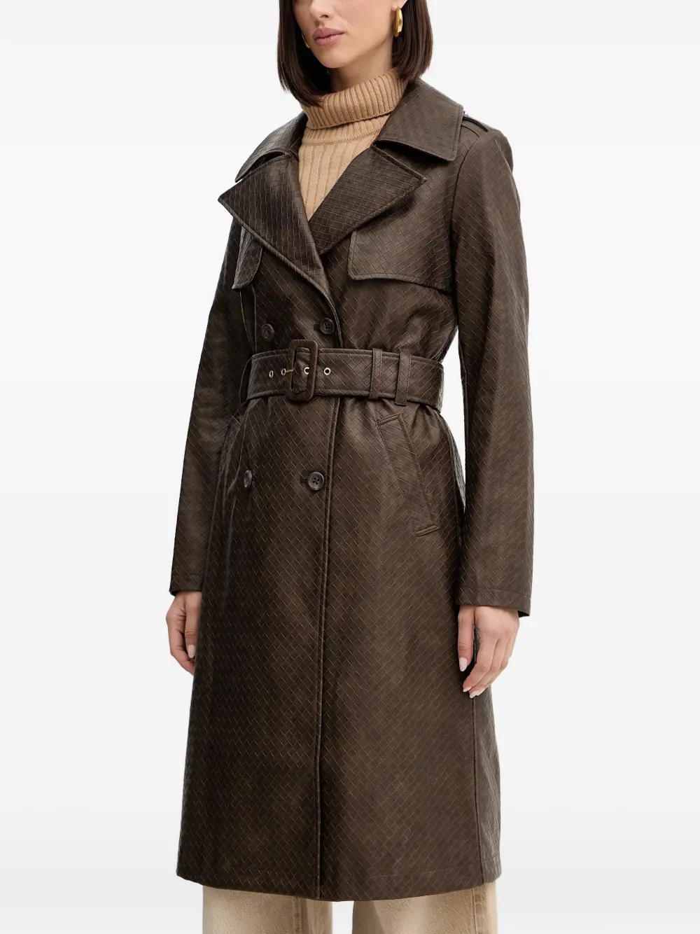 Guess Usa Belted Double-breasted Coat In Brown