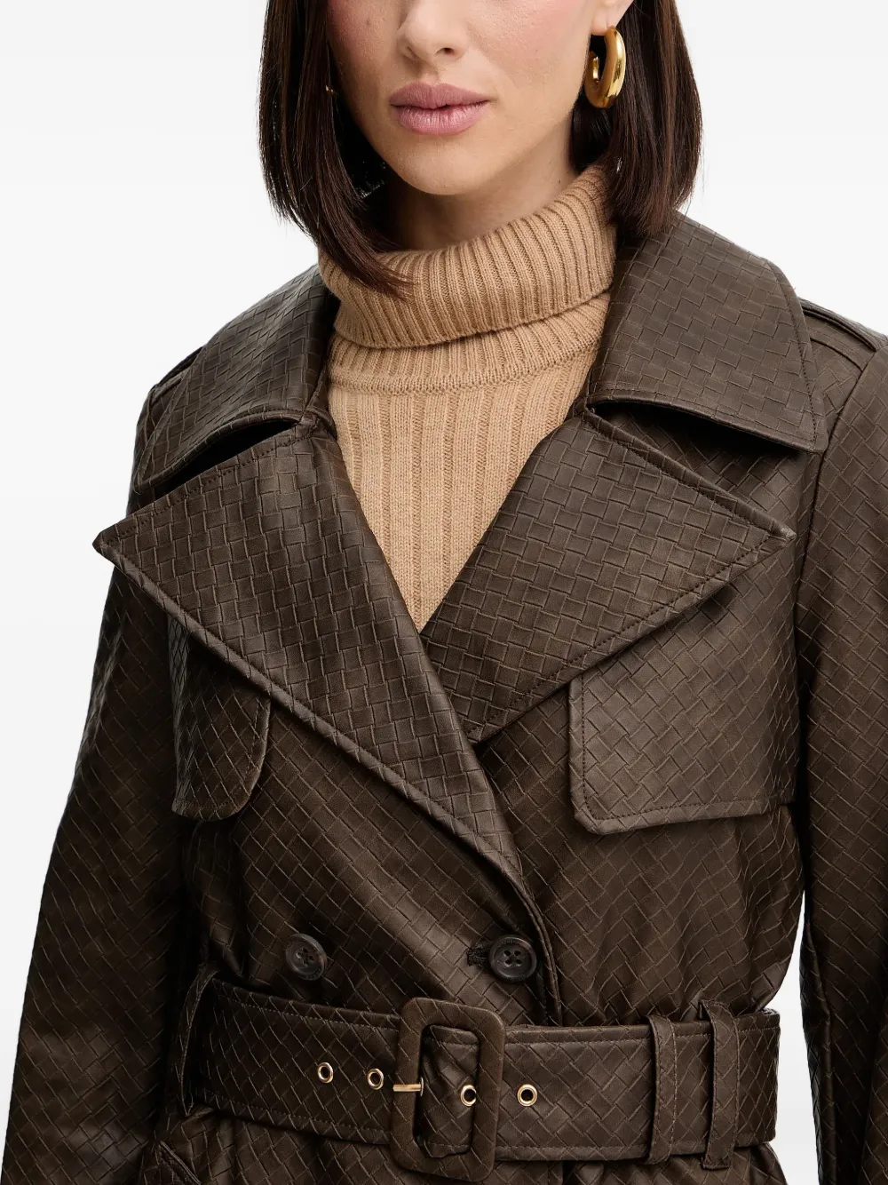 Guess Usa Belted Double-breasted Coat In Brown