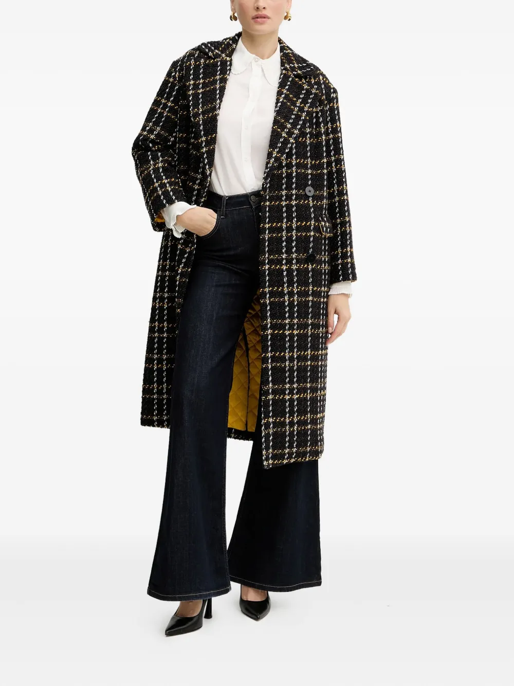 Silvian Heach Check Double-breasted Coat In Black