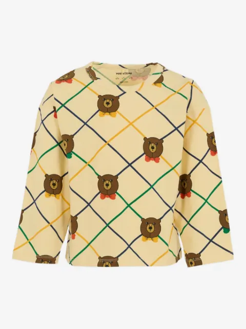 Mini Rodini bear-print diamond-pattern long-sleeved t-shirt