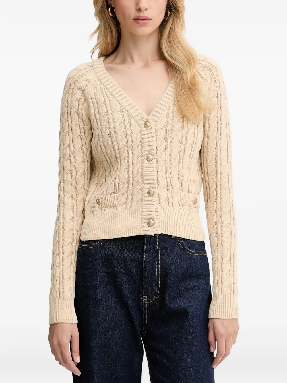 Guess Usa Button-up Cable-knit Cardigan In Neutral