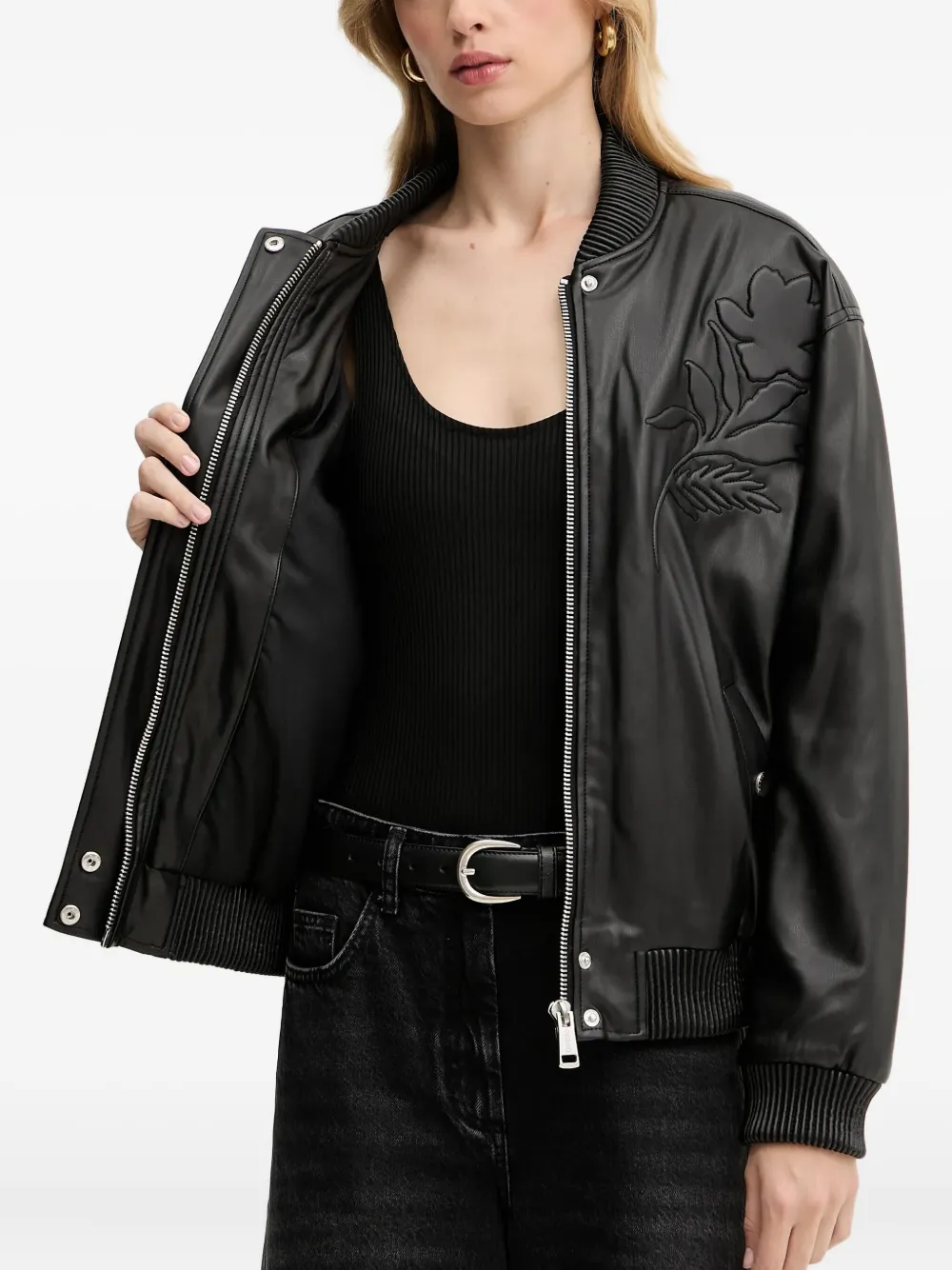 Guess Usa Floral-detail Bomber Jacket In Black