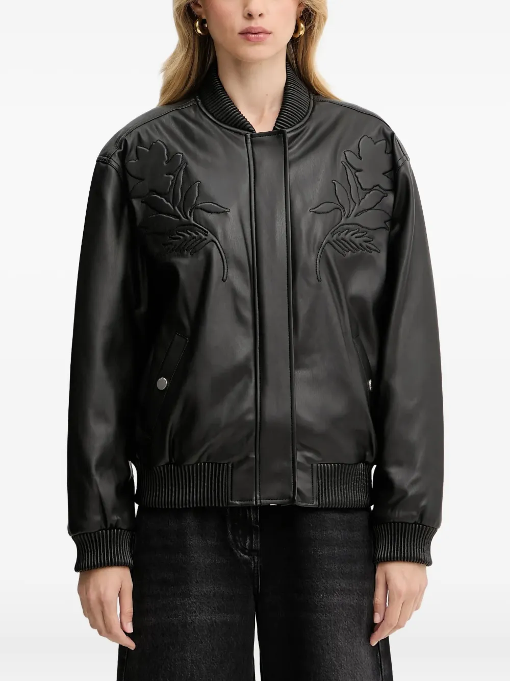 Guess Usa Floral-detail Bomber Jacket In Black