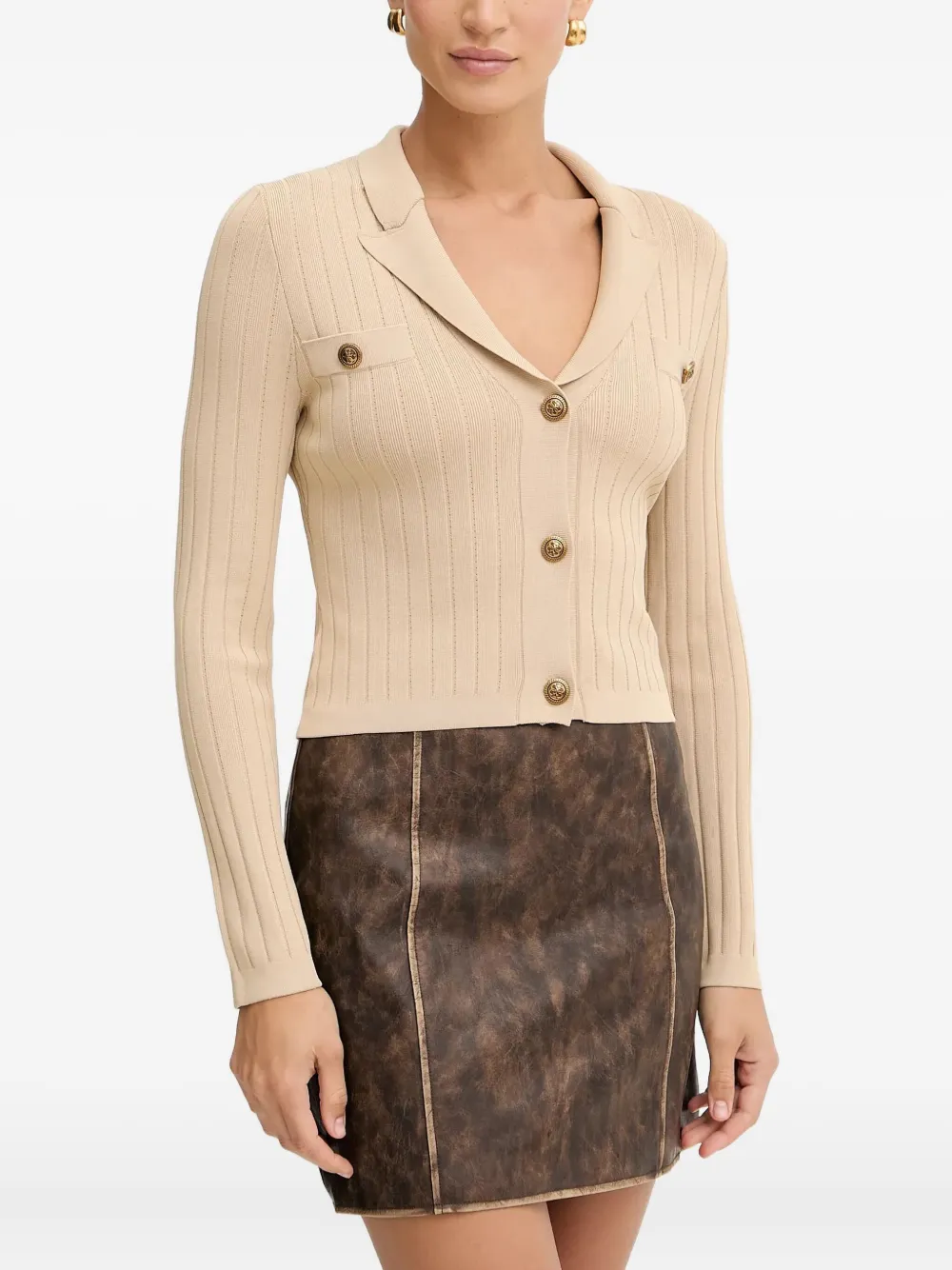 Guess Usa Button Ribbed Cardigan In Brown