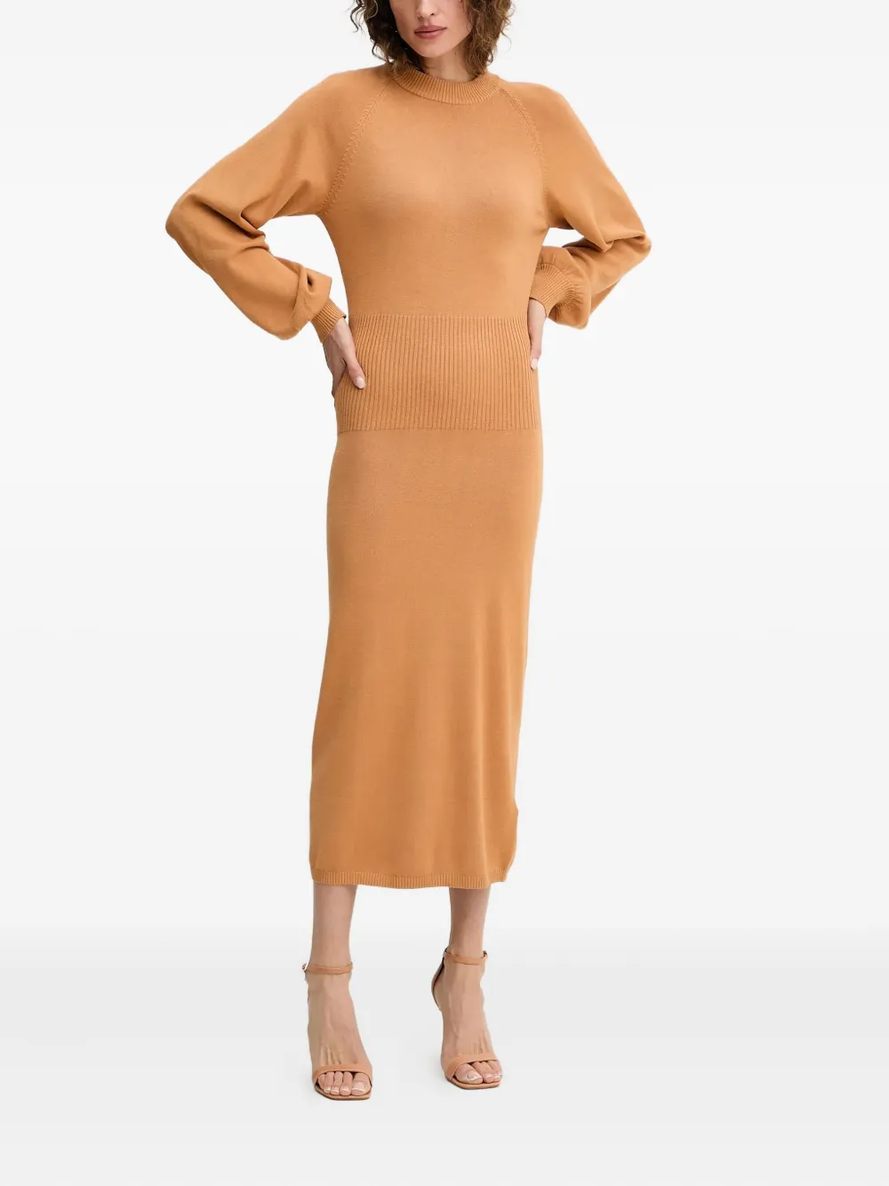 Silvian Heach ribbed balloon-sleeve midi dress - Beige