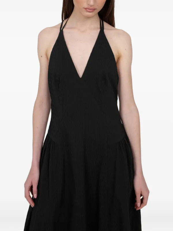 slim fit dress slacks Pleated Perfection: Solid Color Halter Neck Dress with Side Slit