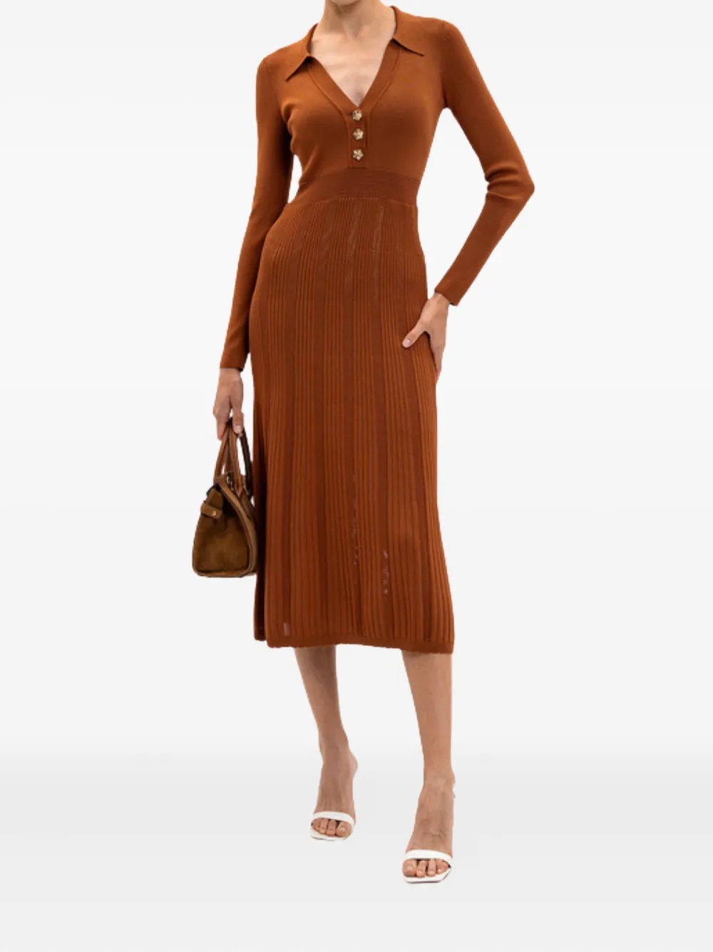 TWINSET Geribbelde midi-jurk met knoop - Bruin